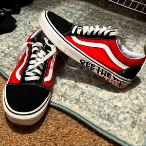 Red White and Black Off The Wall Vans Sneakers